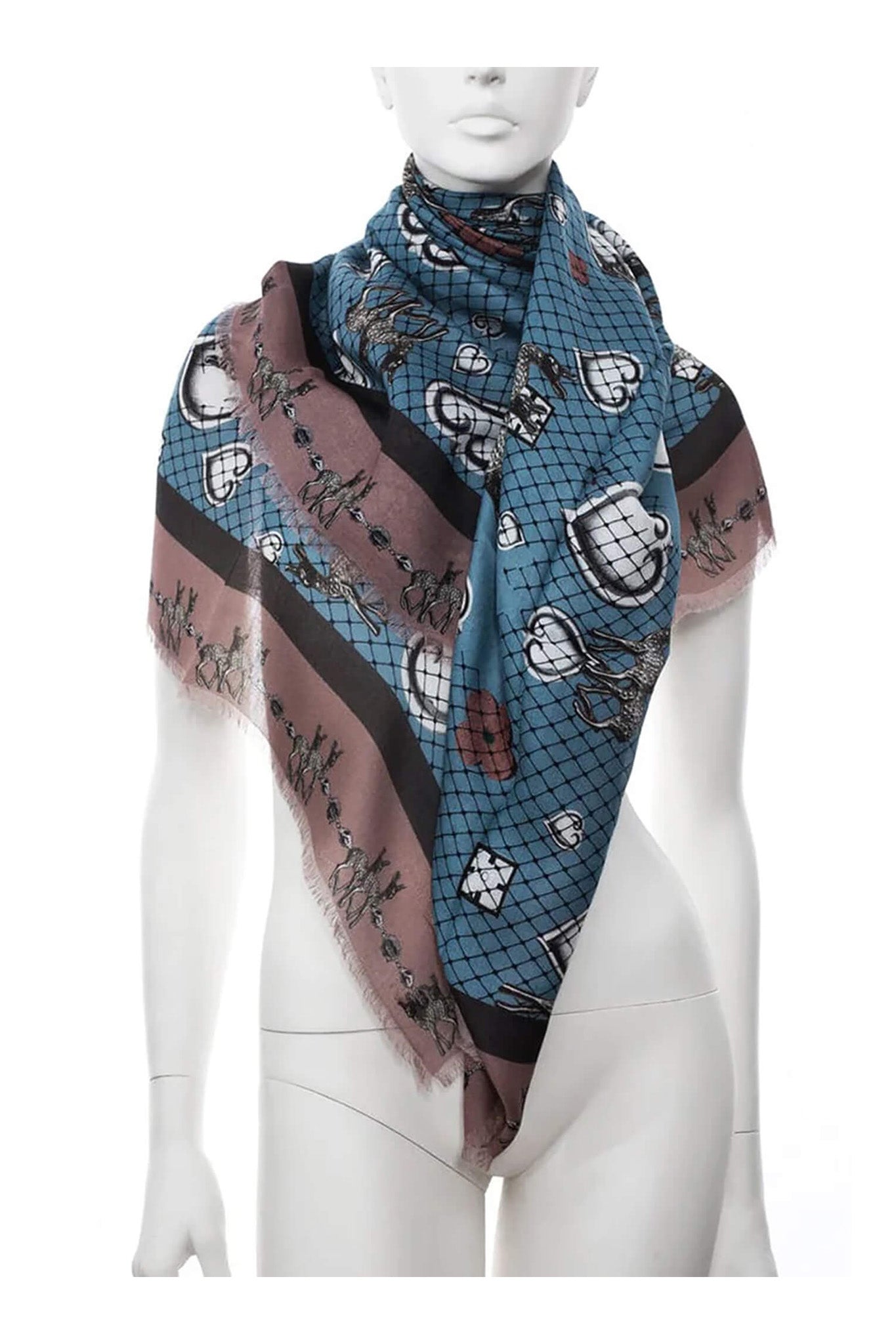 VASSILISA カシミアストール Blue Bambi Hearts Print