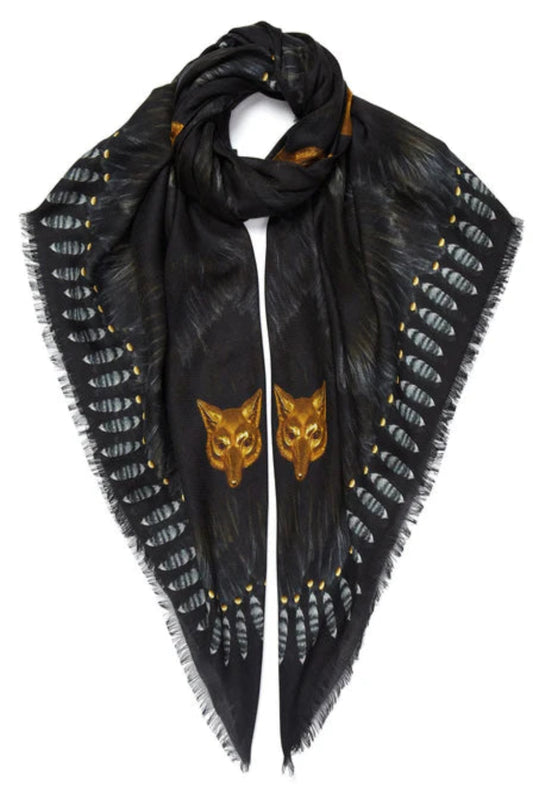 ヴァシリサ/VASSILISA<br>カシミア ストール<br>ファーとFOXのプリント/Black