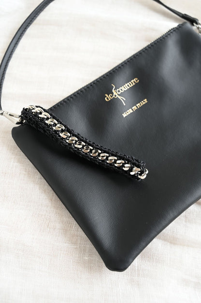デ・クチュール/de Couture<br>チェーン レザー トートバッグ  LL size (ポーチ付)<br>Black / Metallic Black ブラック/メタリックブラック