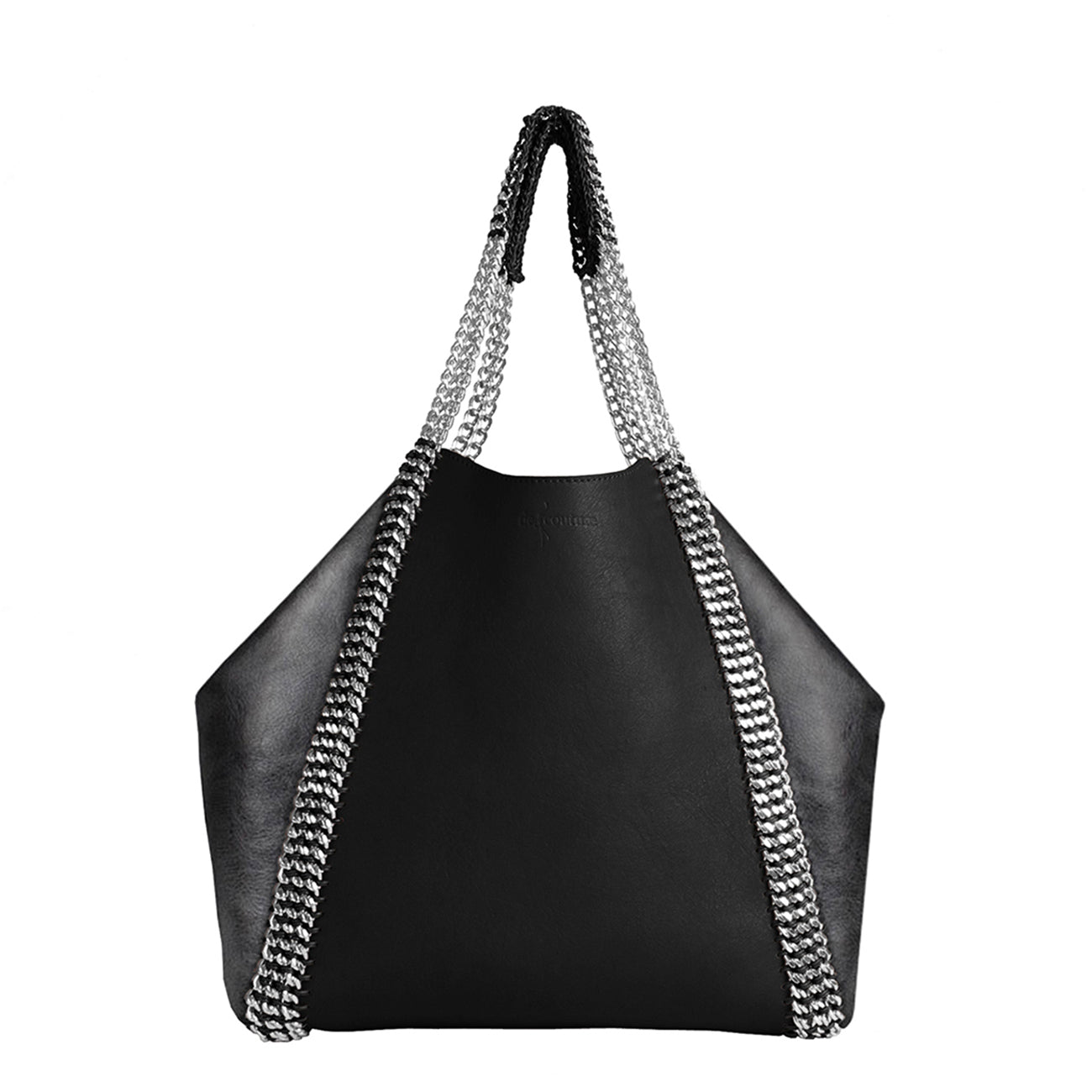【オーダー】デ・クチュール/de Couture<br>チェーン レザー トートバッグ  LL size (ポーチ付)<br>Black / Metallic BlackSilver