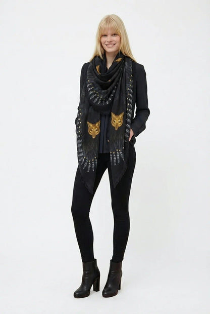 ヴァシリサ/VASSILISA<br>カシミア ストール<br>ファーとFOXのプリント/Black